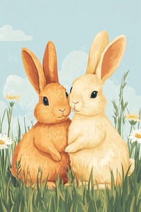 亲密双兔依偎在草地