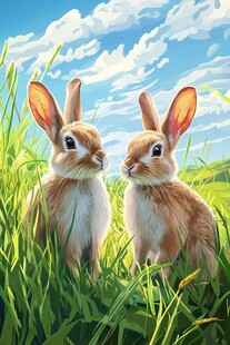 草地上的两只可爱兔子