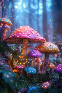 梦幻森林中的彩色蘑菇奇景