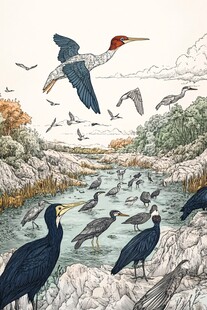 群鸟栖息于河畔自然图景