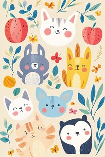 可爱动物与果蔬花卉插画