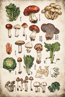 手绘多样蔬菜与蘑菇图鉴