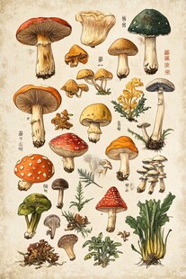 复古风手绘多彩蘑菇图鉴