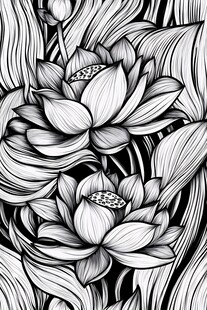 黑白莲花线条艺术插画