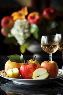 盘中苹果与美酒的惬意画面