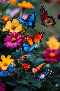 彩蝶翩跹于缤纷花丛间