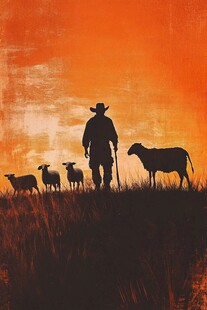 夕阳下的牧羊人和羊群