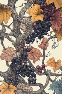 葡萄藤与多彩叶片插画