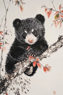 水墨小熊栖于红叶枝头
