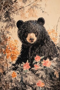 林中黑熊伴繁花