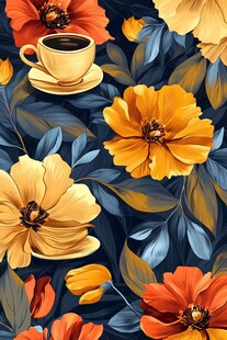 花卉丛中的咖啡杯图案