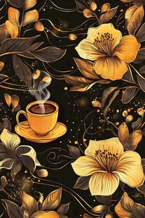 咖啡与繁花的梦幻插画