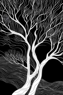 黑白枯树线条艺术插画
