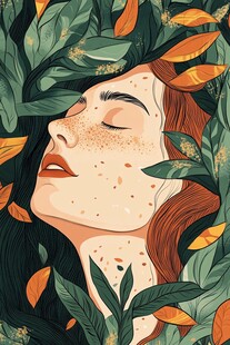 女孩沉醉于叶间的美好