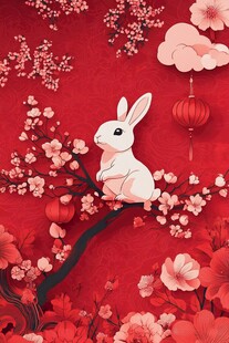 玉兔闹春 繁花簇拥