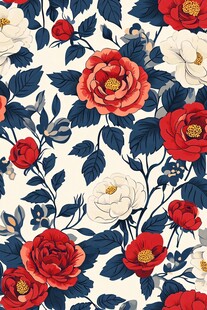 花卉图案 红白花朵与蓝叶