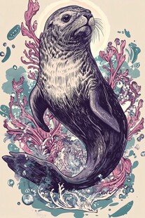 插画中的优雅海豹与海草