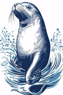 海狮跃出水面插画图