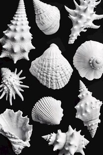 多样贝壳的黑白艺术展示