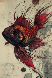 奇幻红金鱼的水墨风插画
