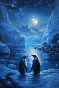 月夜下的企鹅浪漫冰雪景