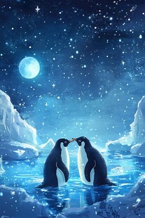 月夜下亲昵的南极企鹅