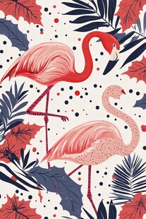 火烈鸟与热带植物插画