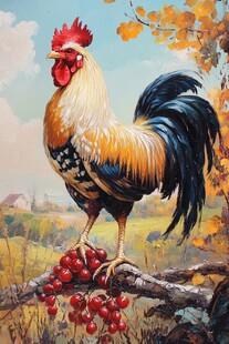 雄鸡立于枝头红果相伴