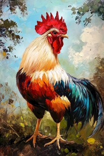 多彩雄鸡傲立林间