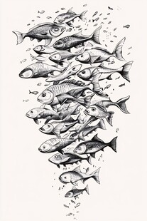鱼群游动黑白插画