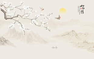 新中式玉兰花鸟画背景墙壁画