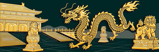 金色祥龙与古代建筑景观