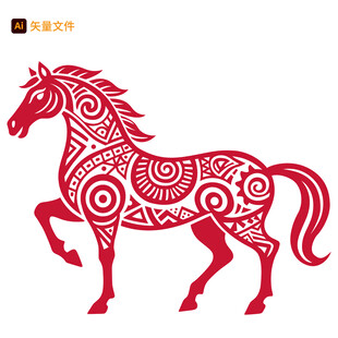 红色花纹剪纸风骏马图案