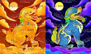 手绘神兽麒麟线稿免抠