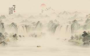 新中式水墨国画山水背景墙壁画