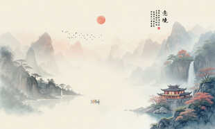 新中式古风阁楼意境水墨山水画