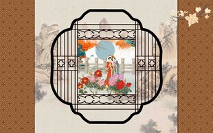 中式窗景花卉图