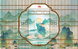 中式屏风上的山水图景