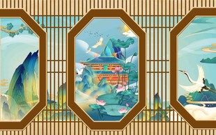 中式屏风山水花鸟装饰画