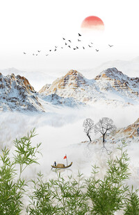 竖幅水墨竹子山水画