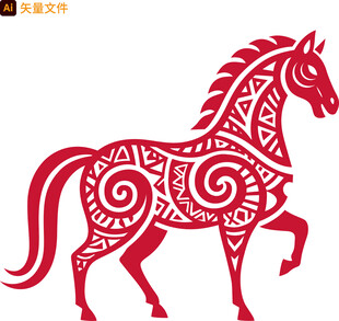 红色剪纸风奔腾骏马图案