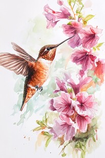 蜂鸟戏花水彩绘