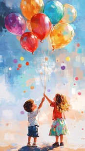 孩童共牵彩气球的温馨瞬间