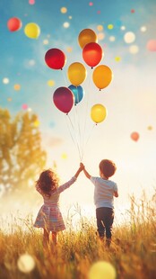 孩童牵手放飞彩色气球