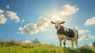 阳光下草地的黑白花奶牛