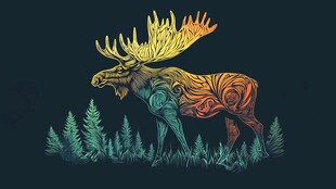 彩色麋鹿于森林间的奇幻画面