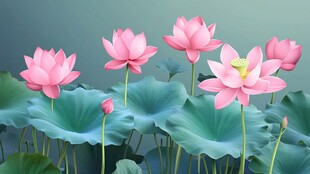 粉色荷花绽放于绿叶间