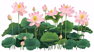 粉色荷花与荷叶插画