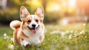 快乐柯基在草地奔跑