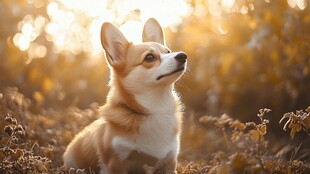 夕阳下的可爱柯基犬
